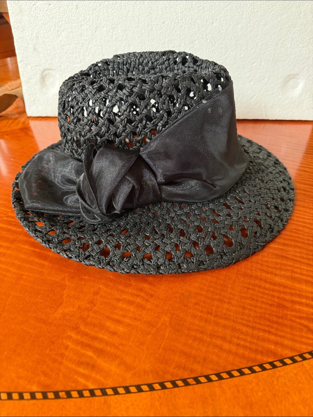 New Women's Black Woven Straw Hat with silk Bow Trim made in Italy